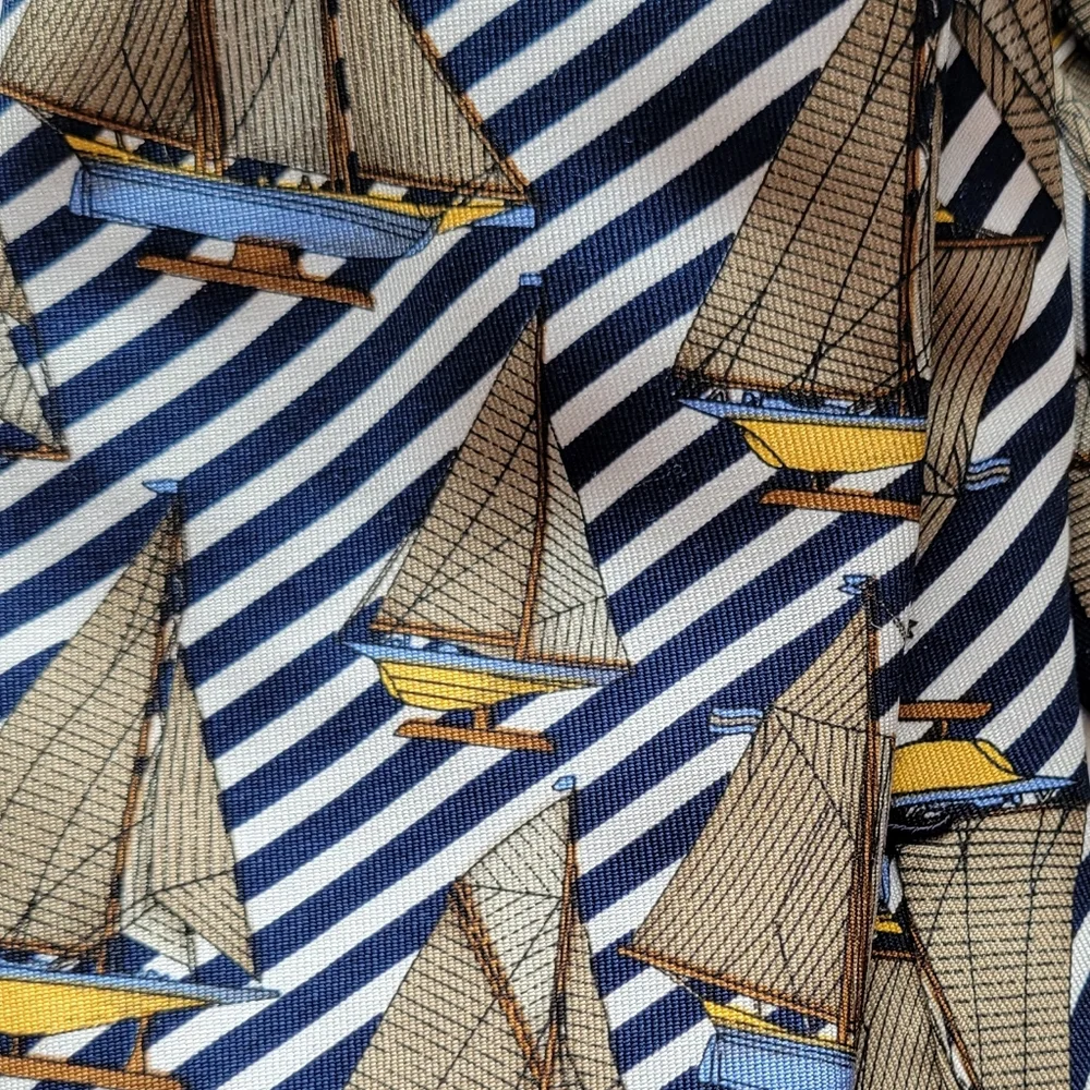 Lands' End Silk Necktie Hand Sewn Nautical Sailboats Coastal Preppy ~ GUC ~ 80s